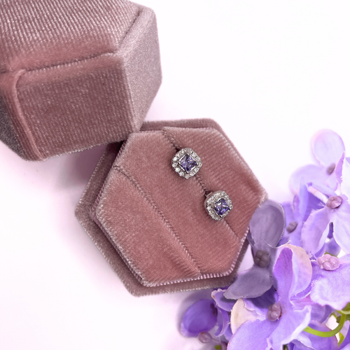 WHITE GOLD FINISH Square Cut Purple Amethyst and Created Diamond Stud Earrings - Picture 2 of 4