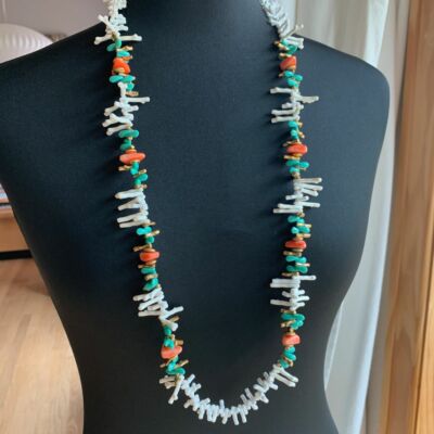 Signed Miriam Haskell White Pink Branch Coral Turquoise Gold Bead Necklace 37.5''