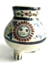 Vtg Mexican Tonala Vase Celestial Sun & Floral Pottery Blue Signed & Numbered