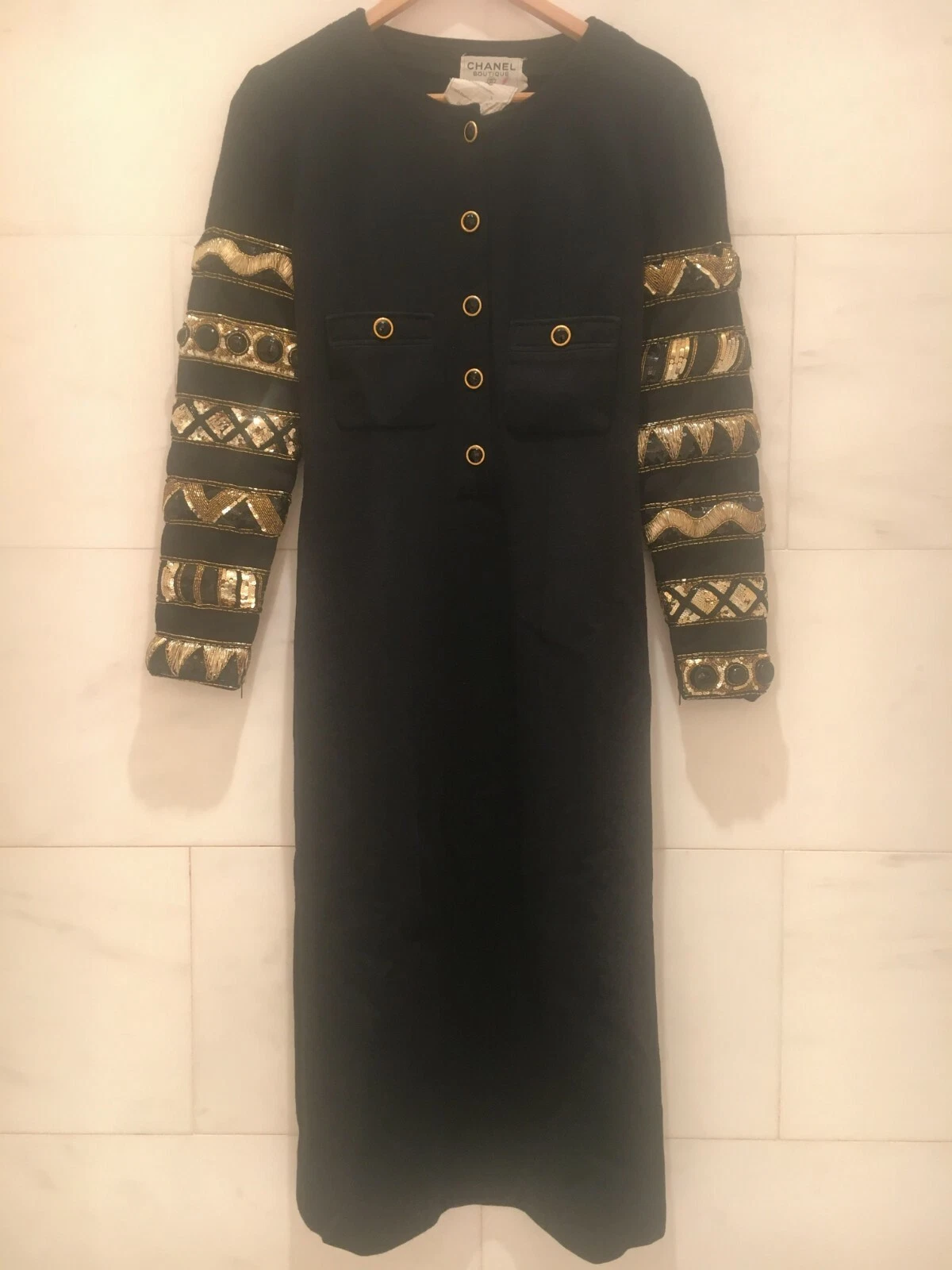 Elegante abito nero Chanel squisite maniche lunghe con paillettes perline FR 38 6