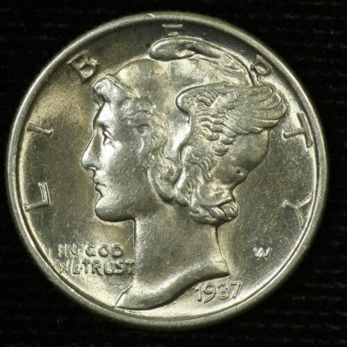 Mercury Silver Dime. 1937 P. FB Brilliant Uncirculated. Lot #9049-113-114 - Picture 1 of 3