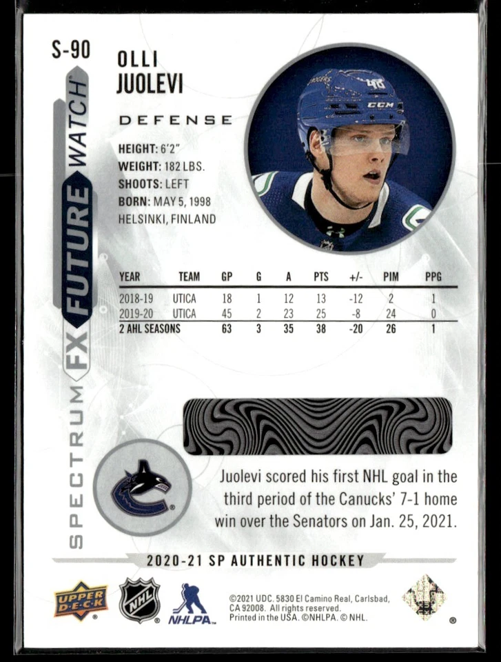 2020-21 SP Authentic Spectrum FX level 2 Olli Juolevi Rookie Vancouver Canucks - Image 2 of 2