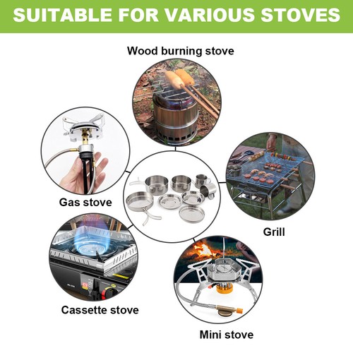 8pcs/Set Camping Cookware Mess Kit Stainless Steel Cooking Pot and Pan Set with - Picture 6 of 10