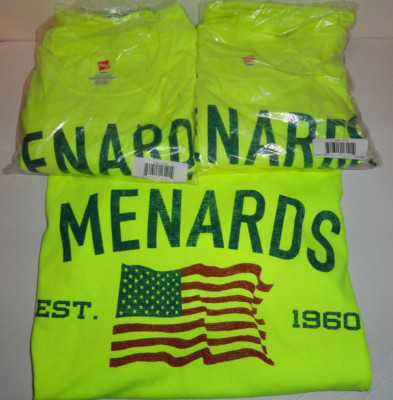 (LOT OF 3) 2XL/2 XLARGE HI-VIS SAFETY NEON YELLOW Menards USA FLAG Work T-Shirt
