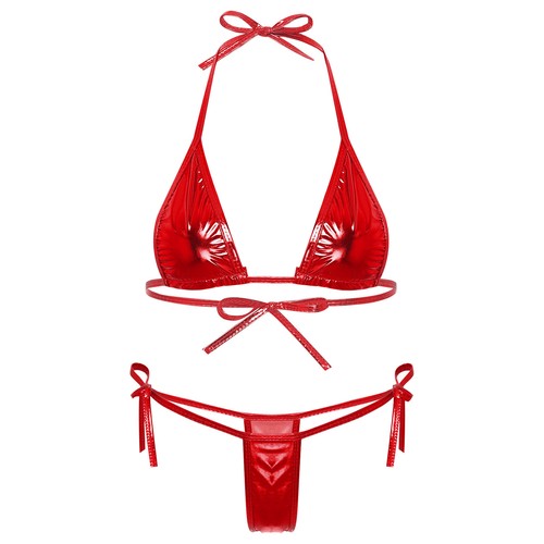 Women Lingerie Shiny Set Clubwear Bra Unlined Thong Cropped Swimwear Non-Padded - Picture 9 of 109