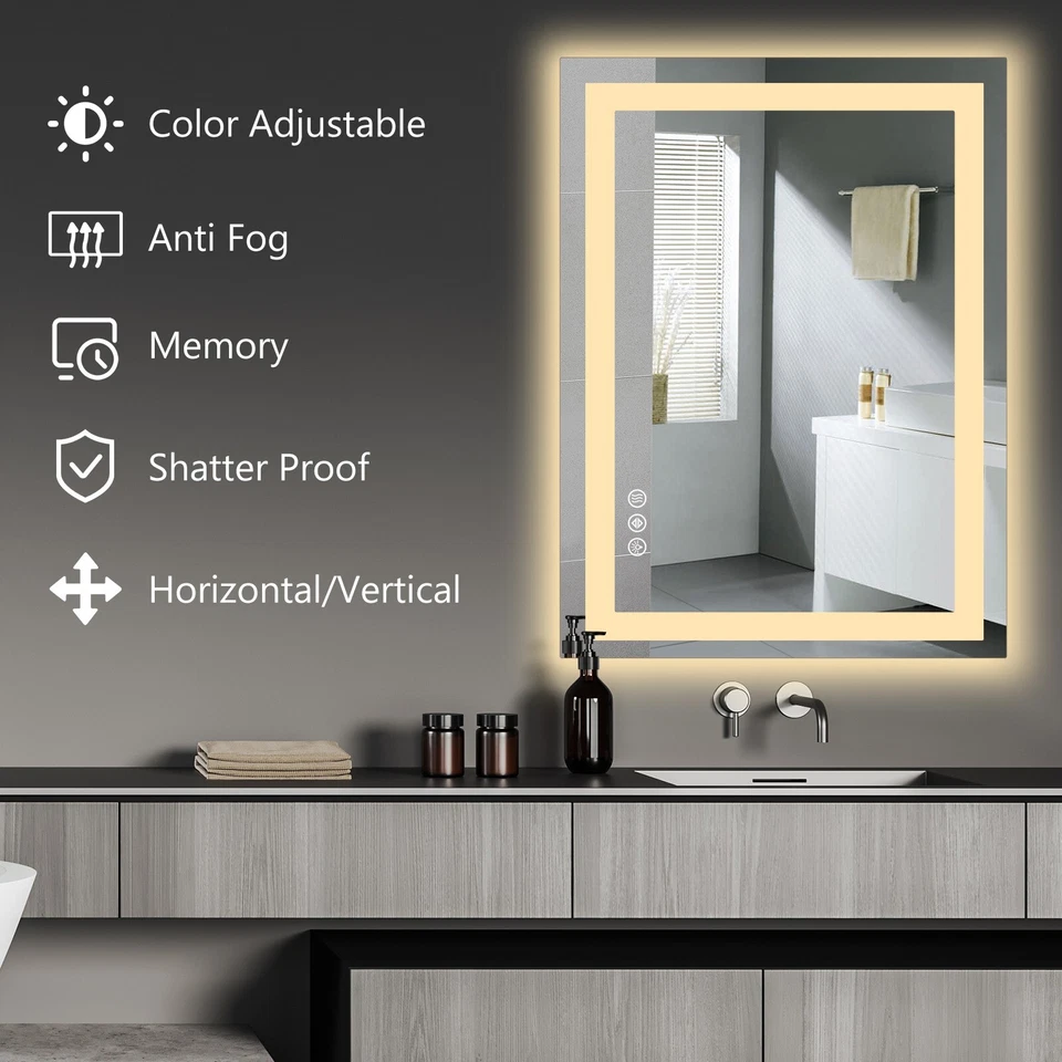 28''/32''/36'' противотуманное светодиодное зеркало для ванной, прямоугольное умное зеркало с памятью для туалетного столика - Изображение 2 из 4