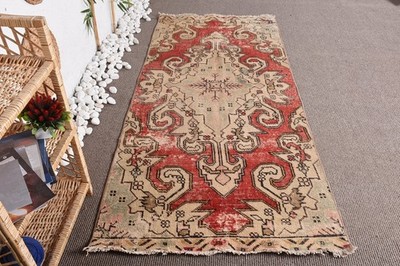 3,3x7,3 ft Vintage Turkish Rug, Area Rug, Red Beige Floral Wool Rug