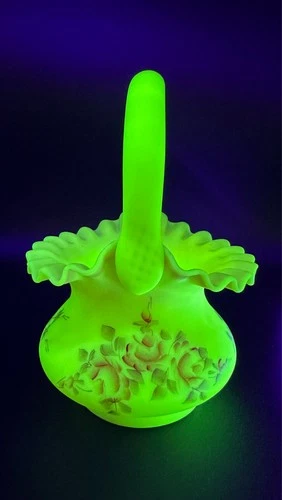 Fenton Burmese Roses Uranium Glass Handled Basket Signed Glows