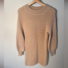Womens Camel Tan Knit Long Balloon Sleeve Ribbed Crew Neck Sweater Dress