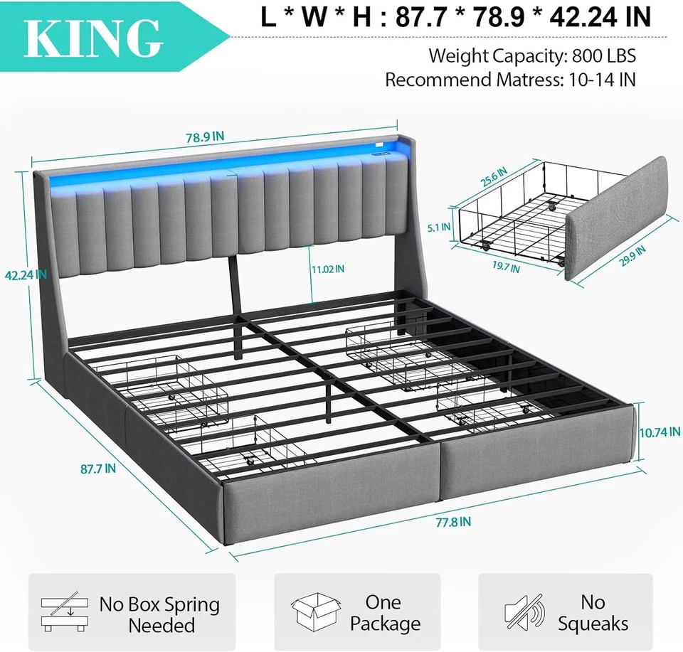 Marco de cama completo de metal Queen KING con cajones de almacenamiento y cabecero tapizado Foto 3 de 4