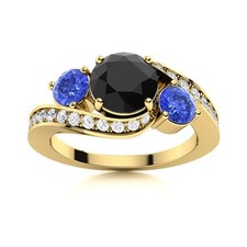 5MM Round Black Spinel  Tanzanite 925 Silver Gold Plated Three Stone Women Ring