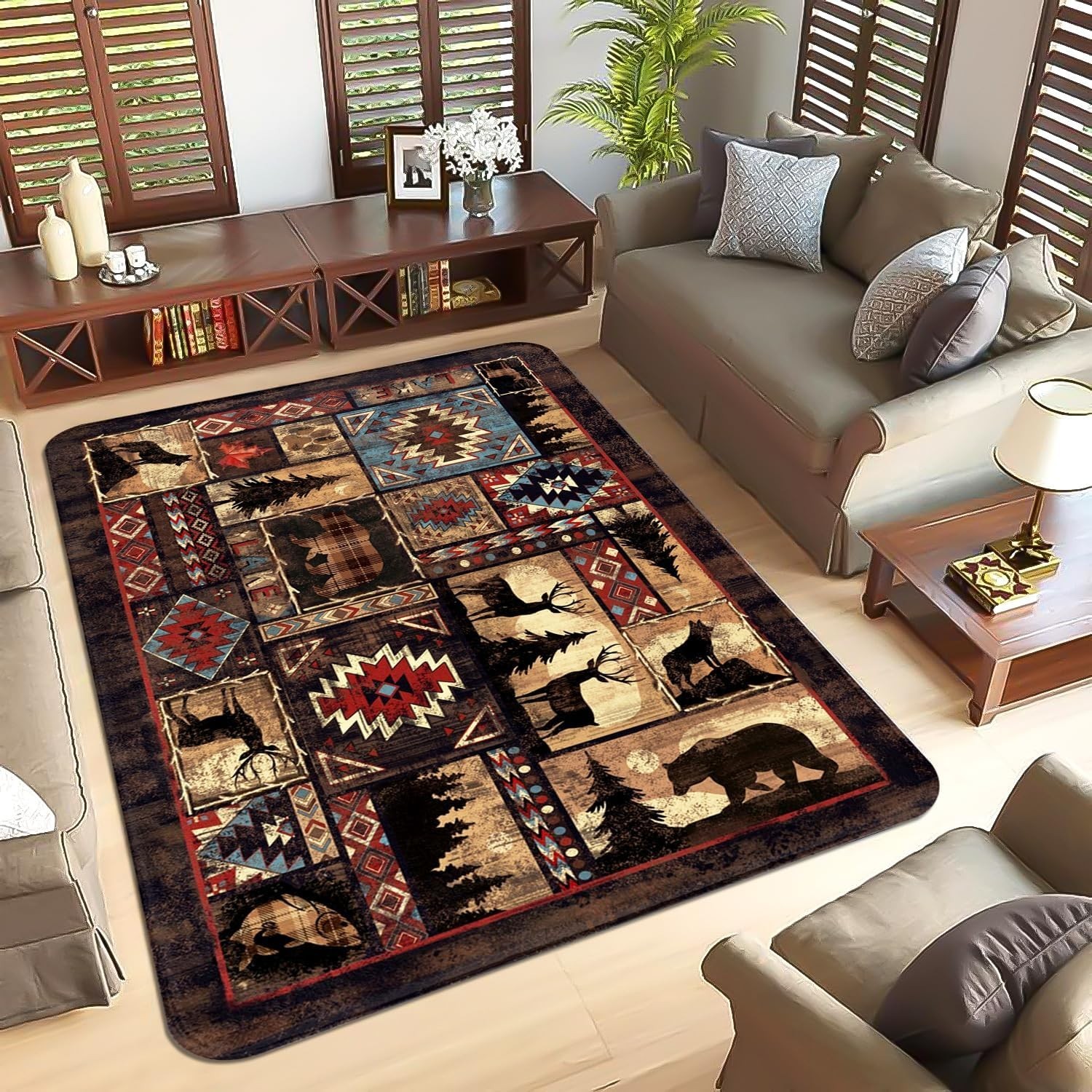 5X7 Bear Area Rug for Living Room, Rustic Cabin Rug Mat Farmhouse Brown Rugs for