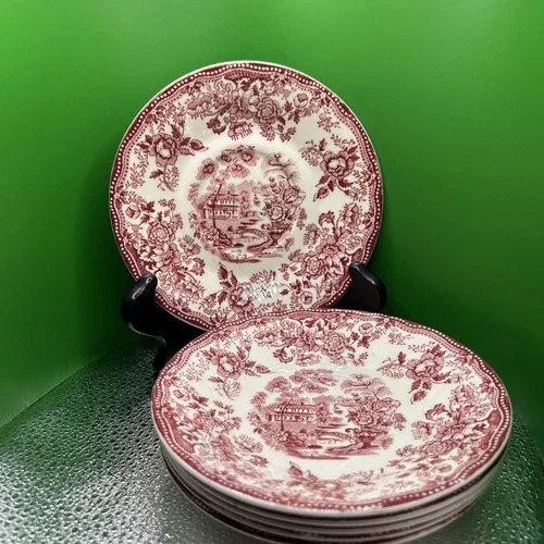 1940's Royal Staffordshire Clarice Cliff 6 Tonquin Red, Pink Coffee Cup Saucers