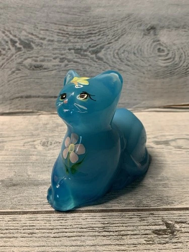 Fenton Glass Blue Crossed Paws Cat Figurine Hand Painted Signed D. Robinson