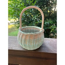 Vintage Woven Wicker Basket Round Gathering Basket Handle Natural Green 8.5in