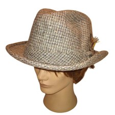 Vintage Stetson Fedora Hat Mens 7 3/8 Grey Tweed Wool Feather Made in USA SCA19