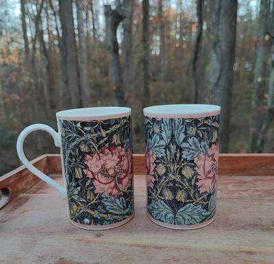 DUNOON WILLIAM MORRIS CHELSEA POPPY STONEWARE COFFEE  TEA MUGS x2 Scotland