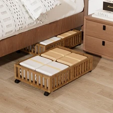 Bamboo Under Bed Storage with Wheels Rolling Underbed Shoe Organizer Box