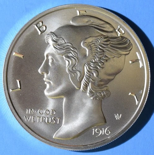 1916 MERCURY DIME TRIBUTE 2 TROY OUNCE .999 FINE SILVER INTAGLIO MINT. HUGE 50MM