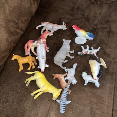 LOT OF 12 small farm animals pig, cats, horse,goat,chicken,roaster donkey, lamb