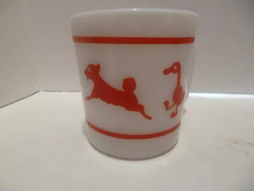 Vintage Farm Animals Milk Glass Mug Duck Lamb Pig Rooster RED Hazel Atlas
