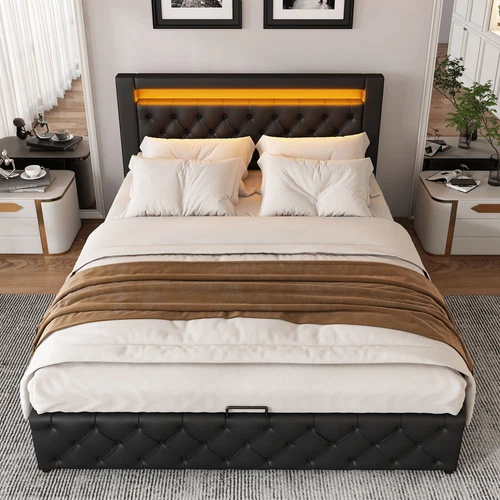 LED Light Functional Upholstered Bed with Slatted Frame and Storage Space - Picture 7 of 26