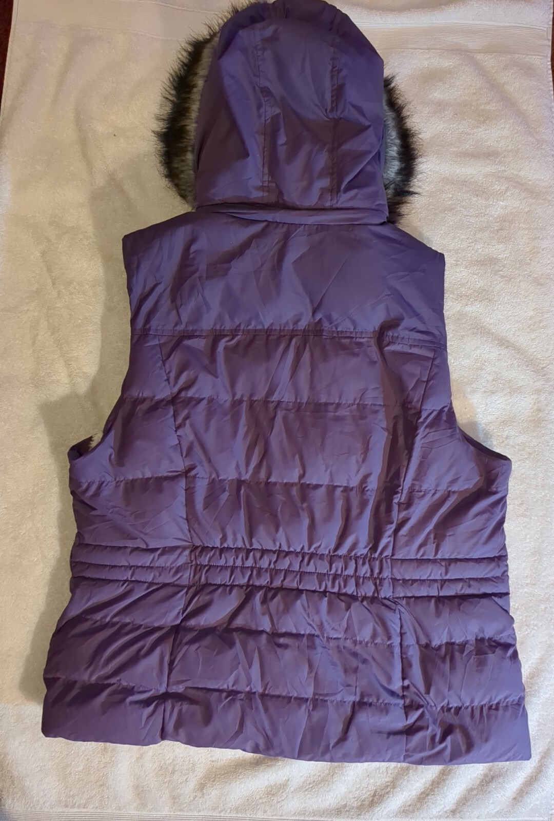 Green Tea Puffer Vest Jacket Womens Faux Fur Lined Hood Pockets Purple
