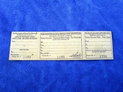 HUNTINGDON & BROAD TOP MOUNTAIN RAILROAD COAL, Saxton,  PA Employee Ticket H&BTM