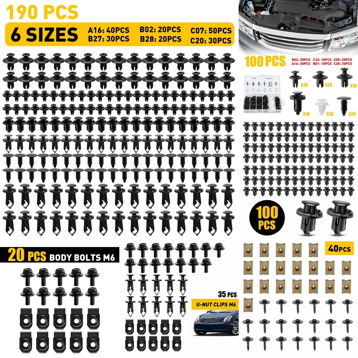 40-Piece Metal Car Fastener Kit for Fenders, Bumpers & Retainers