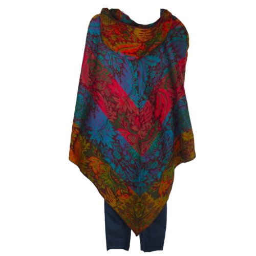 Poncho| 2 Button|Fringe| Hood+Pocket|Boho| MT | Yak Wool Blend|1 Size| Red/Blue - Picture 3 of 8