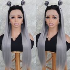 13x4 Ombre Gray Lace Frontal Wigs Synthetic Heat Safe Long Straight Pre Plucked