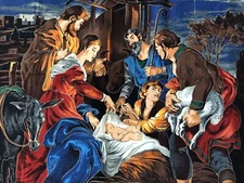 Vintage Christmas Cranston Nativity Manger Scene Fabric Panel 35 x 43 Baby Jesus