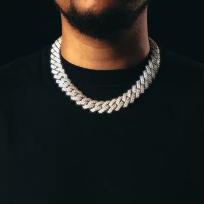 Brilliant Moissanite Men's 19 mm x 20 Inch Cuban Link Chain 925 Silver 