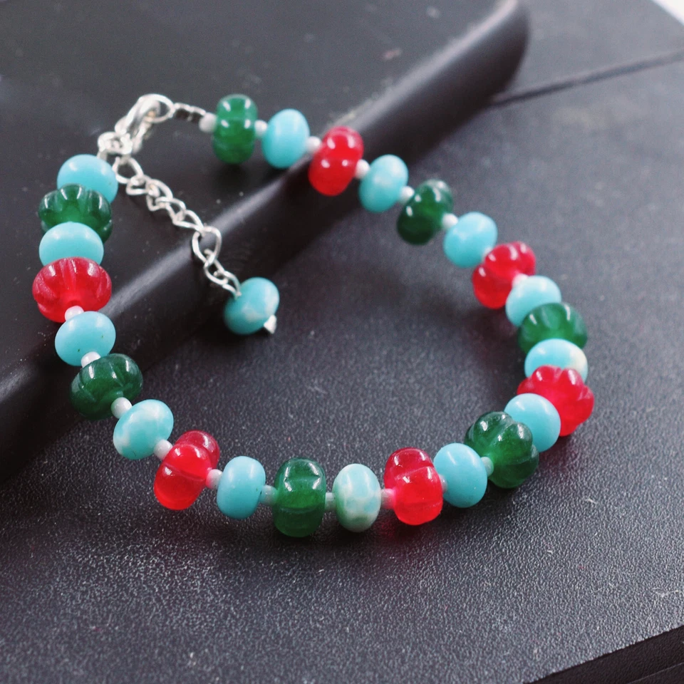 Natural Red&Green Aventurine+Larimar Quartz Gemstone Adjustable Bracelet - Image 3 of 4