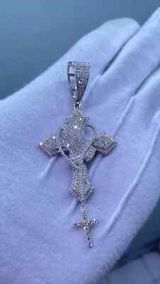 Men's Genuine D/VVS Moissanite Praying Hand Cross Pendant IN 925 Sterling Silver