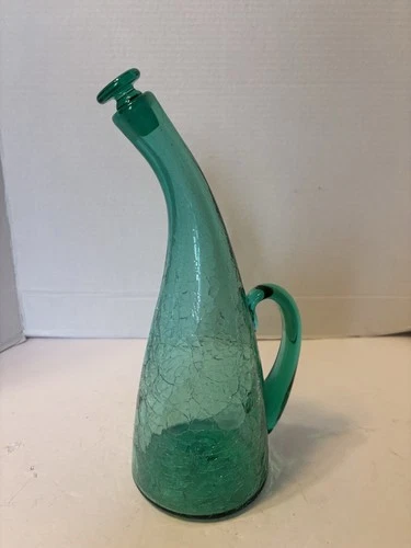 BLENKO GREEN CRACKLE GLASS BENT NECK DECANTER 12 1/2" TALL