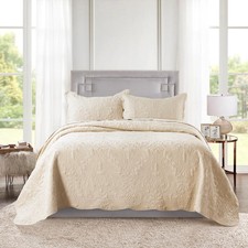 Quilt Set Queen Size - 3 Piece Embroidered Microfiber Bedspread Reversible Co...