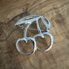 Vintage Sarah Coventry Silver Tone Cherries Fruit Brooch Pin