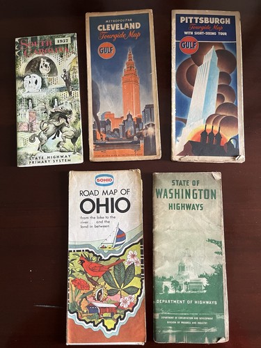 Vintage 1957 US Highway Road Maps Lot Ohio South Carolina Gulf Oil Advertising
