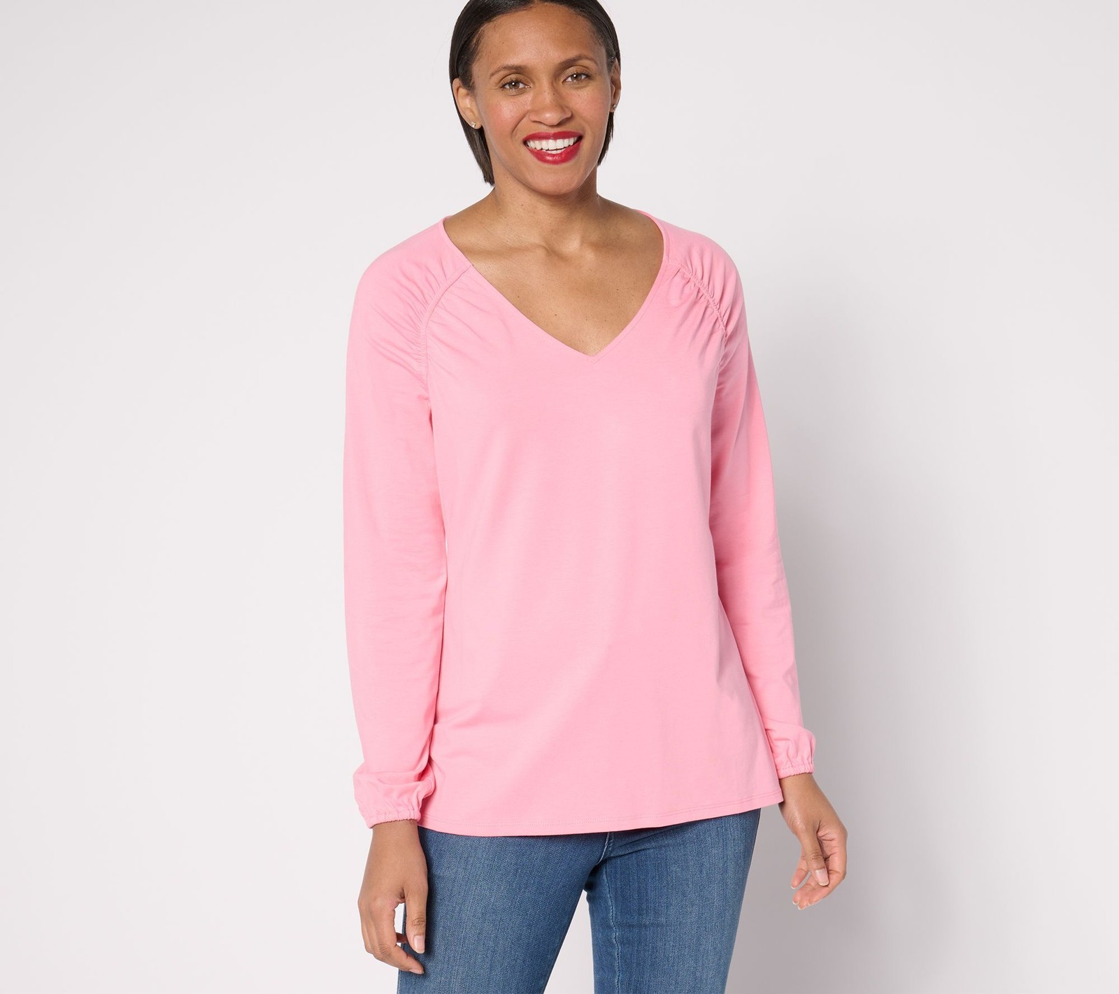 Belle by Kim Gravel Women's Top Sz S TripleLuxe Knit Ruched Shoulder Pink