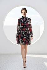Donna Morgan Floral Chiffon Midi Dress Women's Size 10 Long Sleeve Ruffle