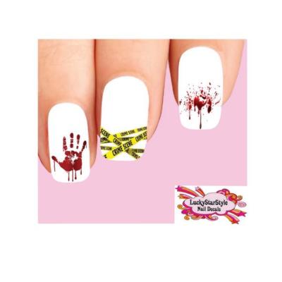 Waterslide Nail Decals Set of 20 - Halloween Crime Scene Tape Bloody Hand Print 