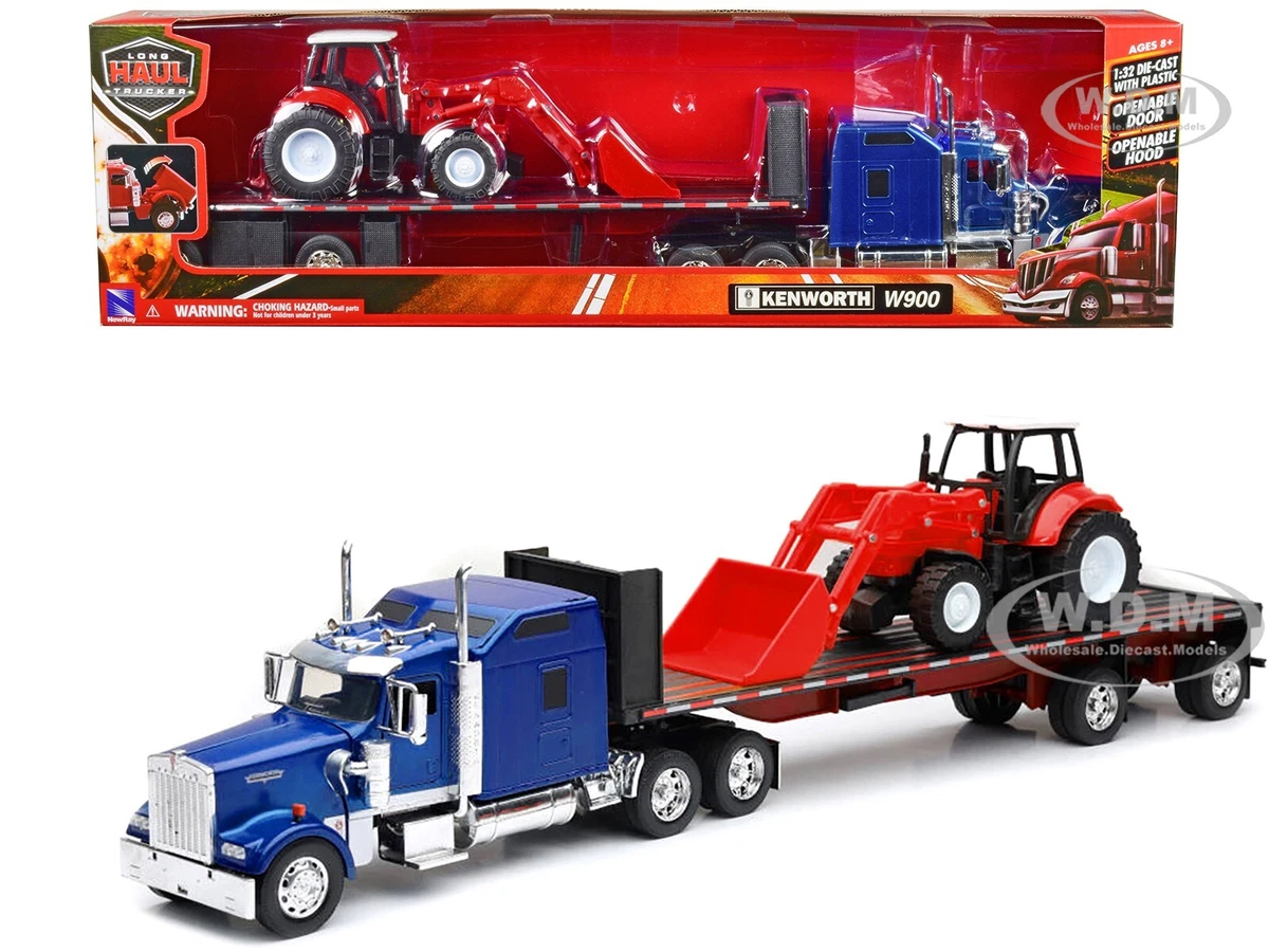 KENWORTH W900 FLATBED BLUE W FARM TRACTOR RED 1 32 DIECAST BY NEW