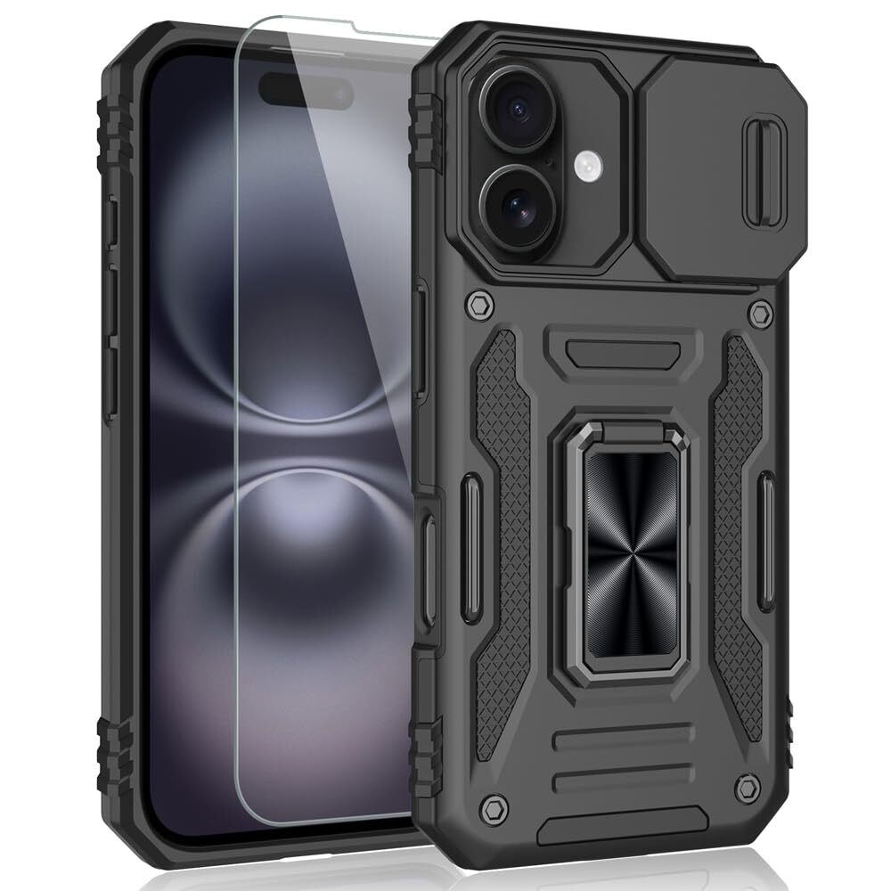 iPhone 16 Plus Case Hard Shockproof Ring Holder Kickstand Cover Screen Protector-image