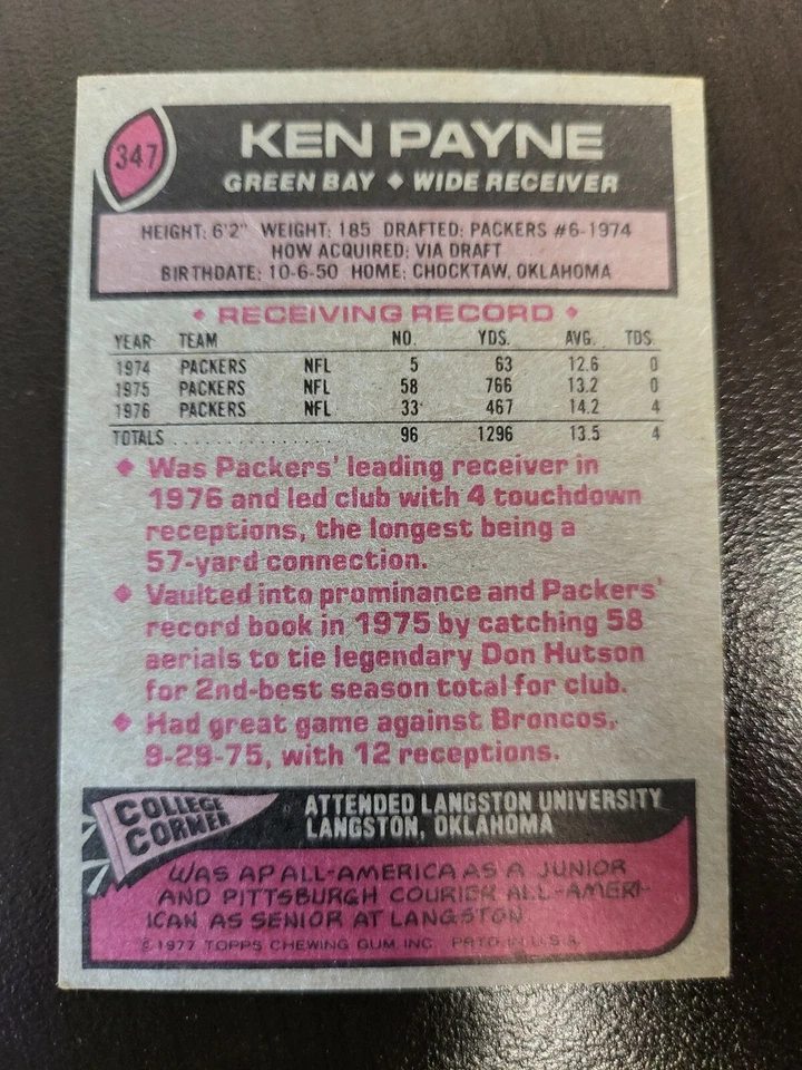 1977 Topps Ken Payne NRMT card #347. - Image 2 of 2