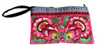 Boho Embroidered Floral Wristlet Zip Up Clutch Multipurpose Bag Pink Green