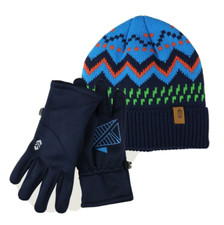  MSRP 40 Boy's Blue Patterned Knit Beanie Hat  Glove Set Size S/M