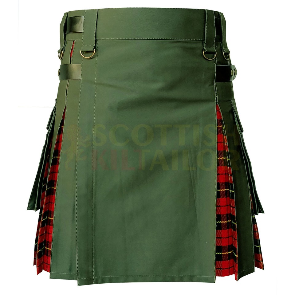 Heavy Cotton Hybrid Kilt Olive Green Color With Tartan main image 1