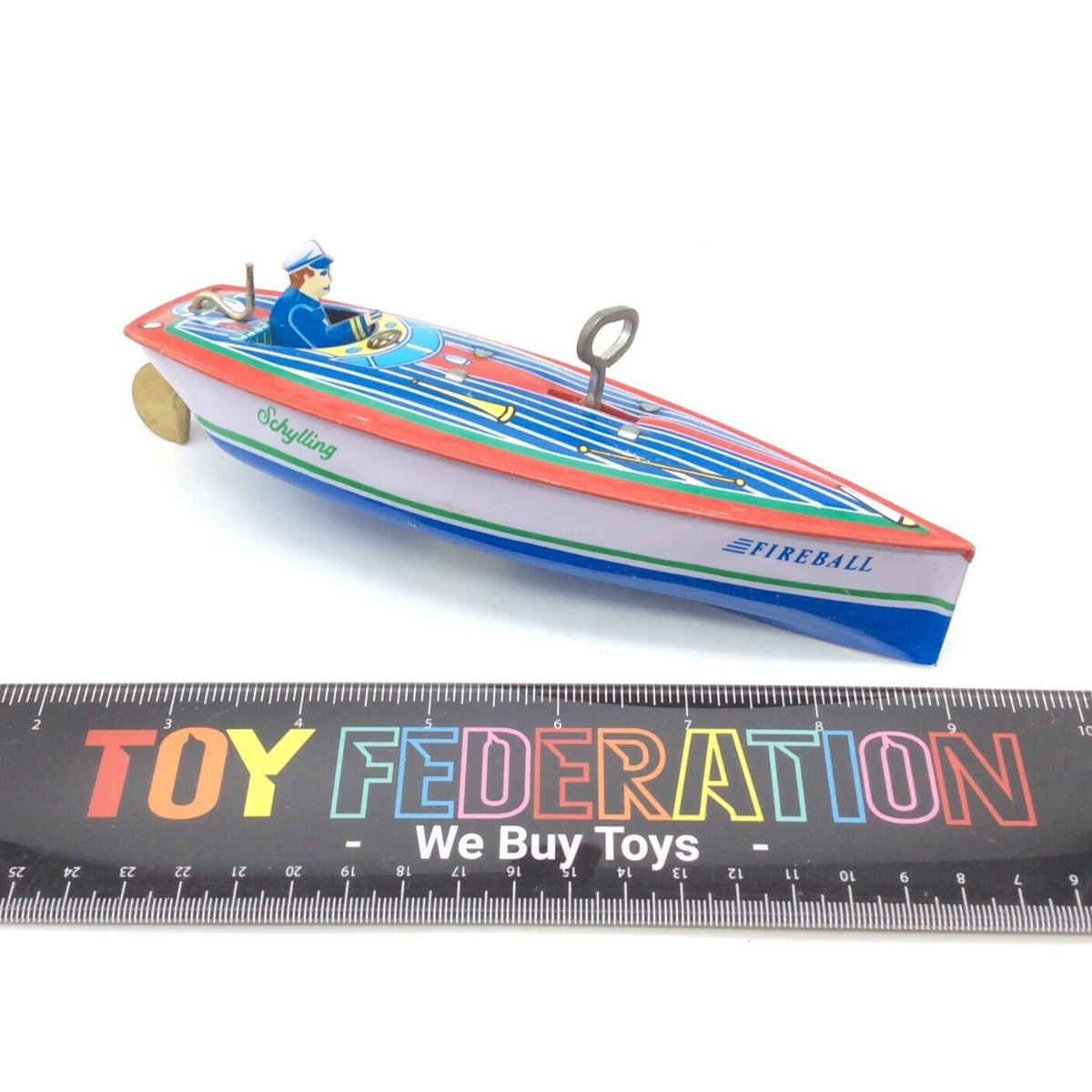 Vintage Schylling Collector Series FIREBALL SPEEDBOAT Tin Wind-Up