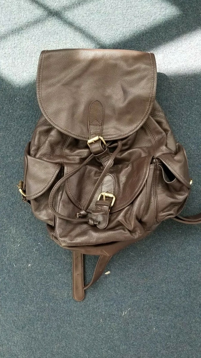 brown faux leather backpack top flap Vintage Travel Backpack, reach items American Hide & Leather Backpack